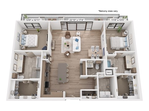 Floor plan for 2 beds, 2 baths, 1630 sqft